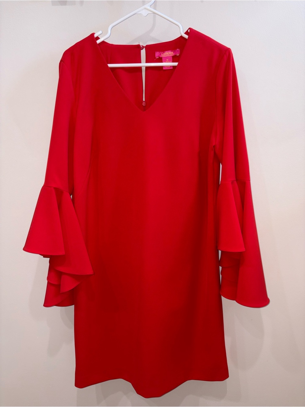 Catherines Red V-Neck Dress with Layered Bell Sleeves